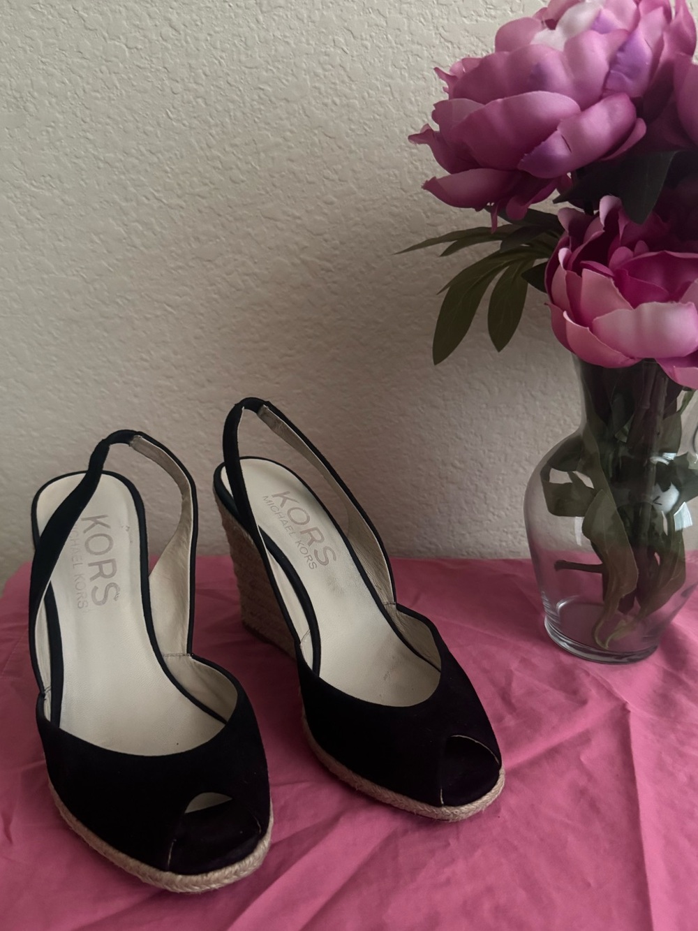 Michael Kors Black Peep-Toe Espadrille Wedge Slingbacks